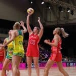 England Roses netball team playing against Australia in the 2023 World Cup