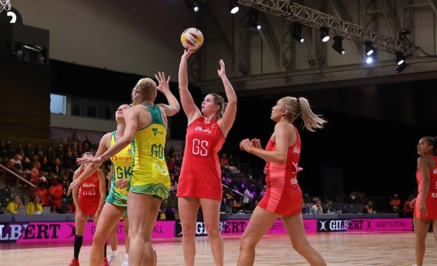 England Roses netball team playing against Australia in the 2023 World Cup