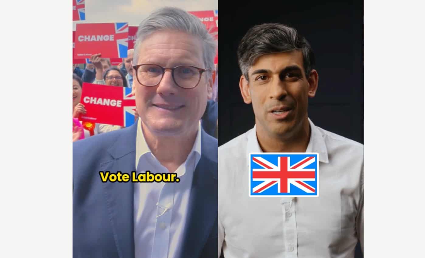 Screenshots from Labour and the Conservatives' TikToks of Keir Starmer and Rishi Sunak